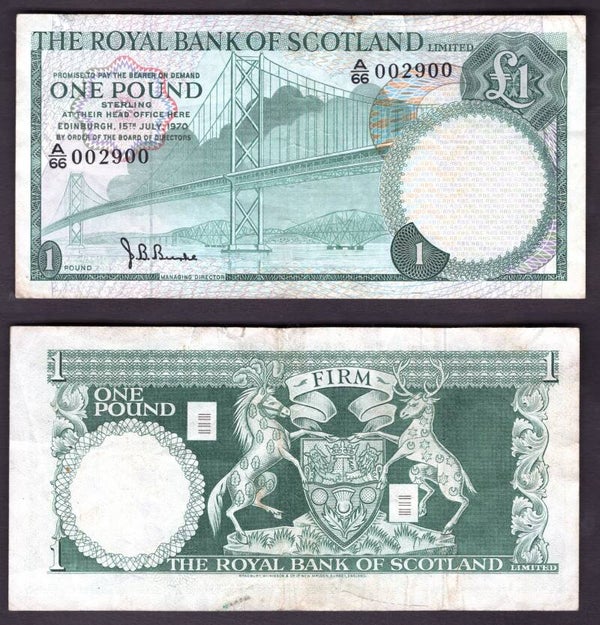 Royal Bank of Scotland. £1 1970.  A/66 002900 Fine.   dy22630