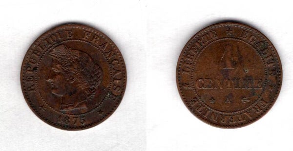 France. One Centime 1875A.   dy22652