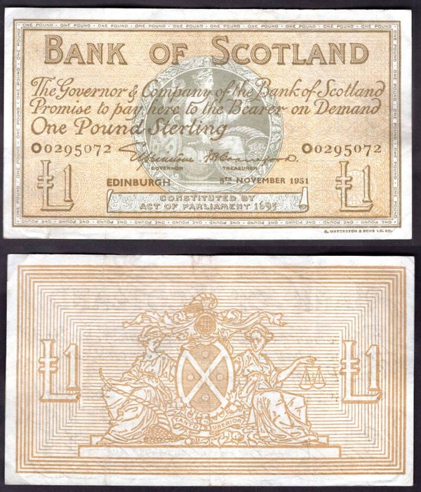 Bank of Scotland. £1 Nov 1951 Crisp F-VF.  dy22775