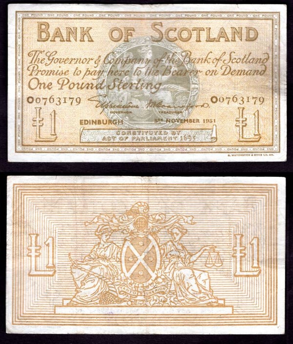 Bank of Scotland. £1 Nov 1951 Crisp F-VF.  dy22777