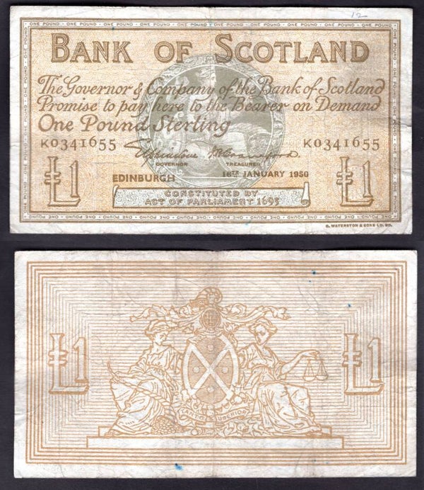 Bank of Scotland. £1 Jan 1950 VG.  dy22781