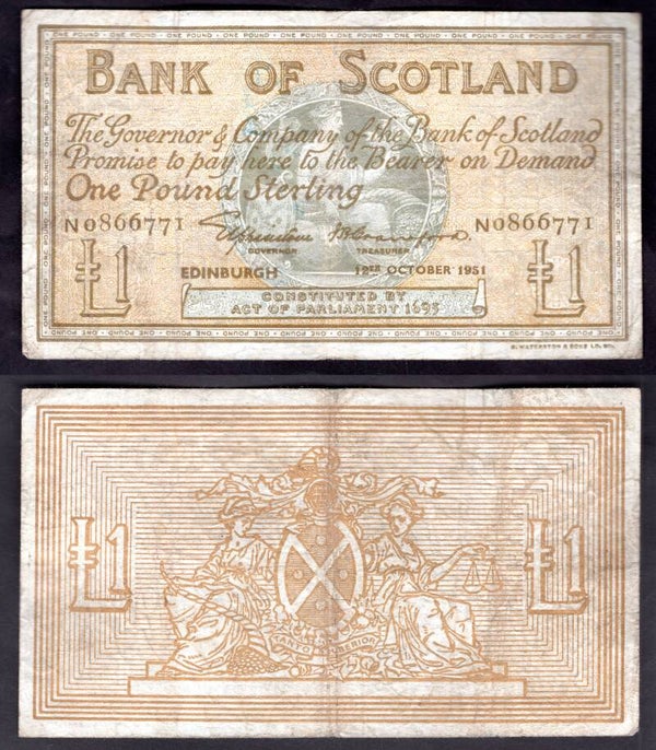 Bank of Scotland. £1 Oct 1951 Fine.  dy22784