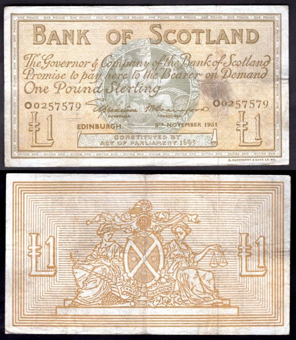 Bank of Scotland. £1 Nov 1951 F-VF.  dy22785