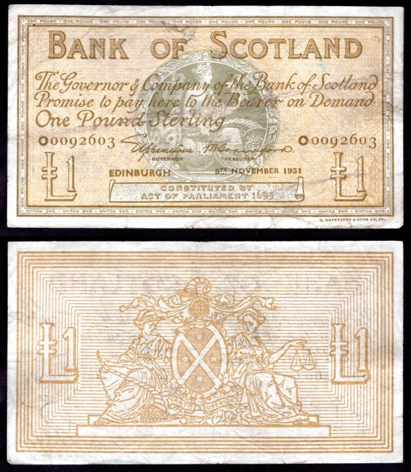 Bank of Scotland. £1 Nov 1951 GF+.  dy22786