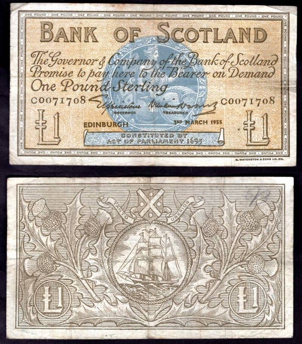 Bank of Scotland. £1 March 1955 GF+.  dy22792