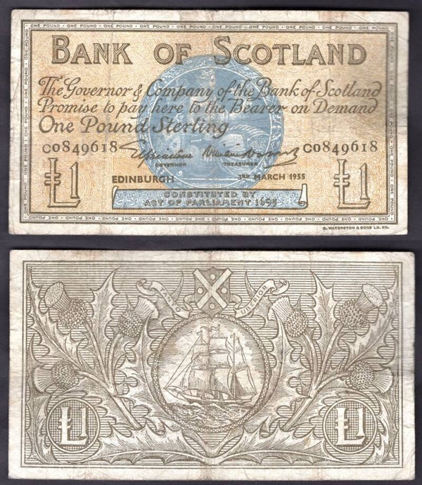 Bank of Scotland. £1 March 1955 VG.  dy22793