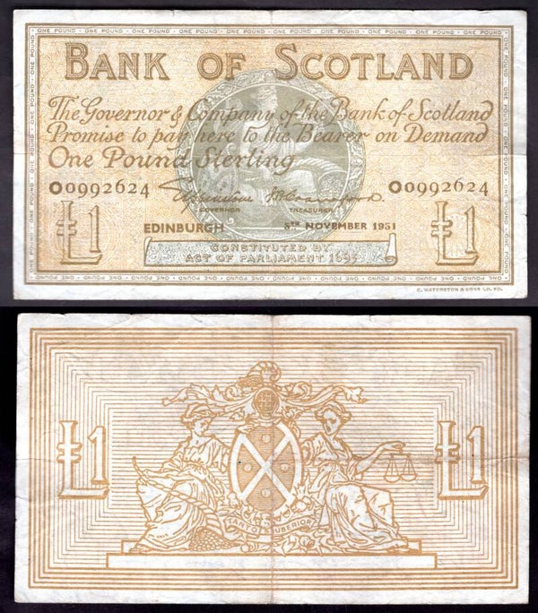 Bank of Scotland. £1 Nov 1951 Crisp F-VF.  dy22794