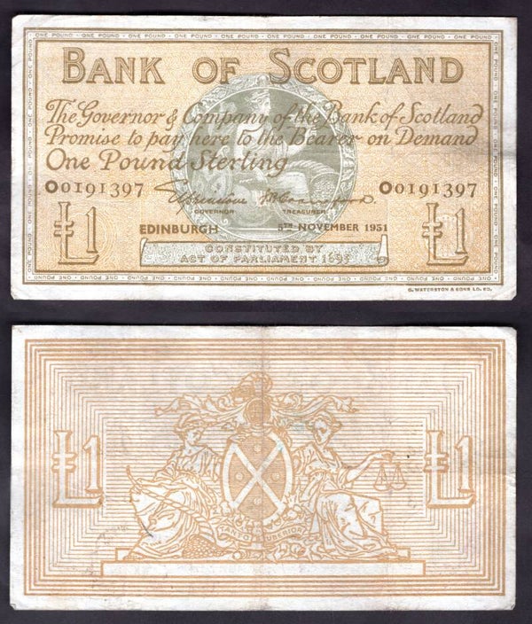 Bank of Scotland. £1 Nov 1951 Crisp NVF.  dy22795