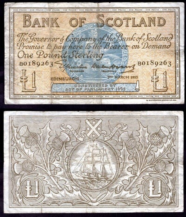 Bank of Scotland. £1 March 1955 Good.  dy22805