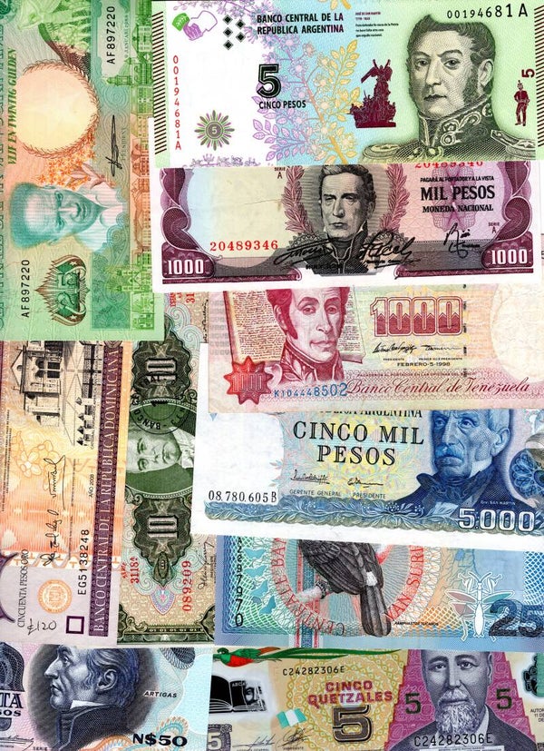 South America. 128 banknotes, varying conditions.  dy22935