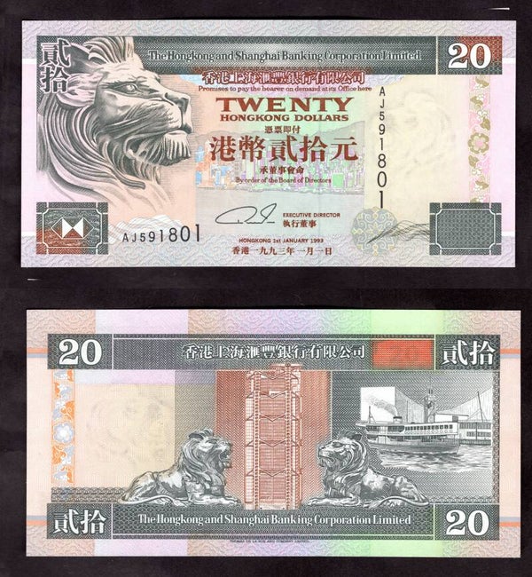 Hong Kong. $20 1993 AJ591801 AU-UNC.  dy23125