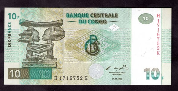 Congo. Ten Francs 1997 UNC.  dy23328