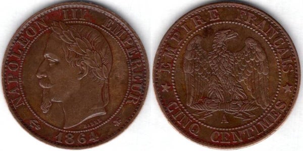 France. Five Centimes 1864A.   dy23376