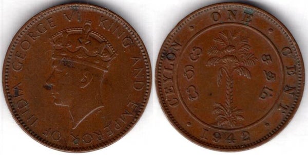 Ceylon. One Cent 1942.  dy23665
