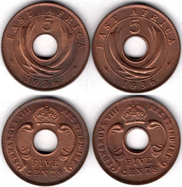 East Africa. 5 Cents, one each 1936KN & 1936H. DY23704