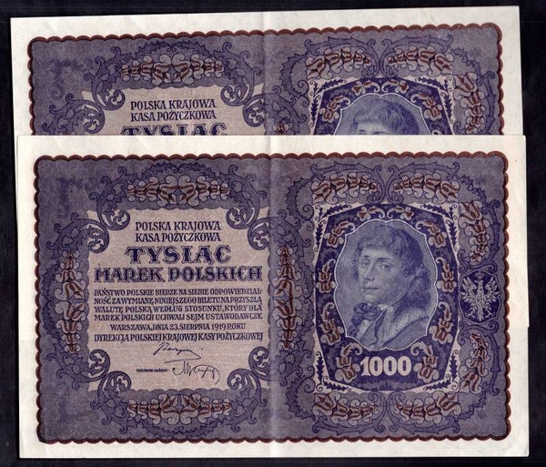 Poland. 1,000 Marek 1919. Consecutive Pair I Serja D. NEF.  dy23711