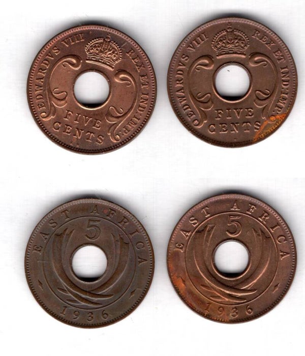 East Africa. 2 x 5 Cents 1936 one each KN & H mints. dy23736