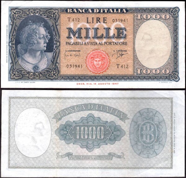 Italy. 1,000 Lire 1961 T412 031941 VF.  dy23765