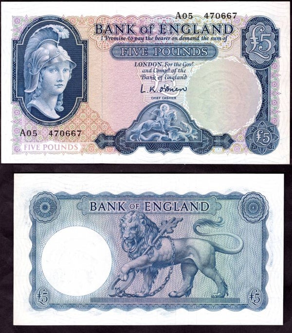 Bank of England. Five Pounds (1957) (B277). A05 470667. AU+.
