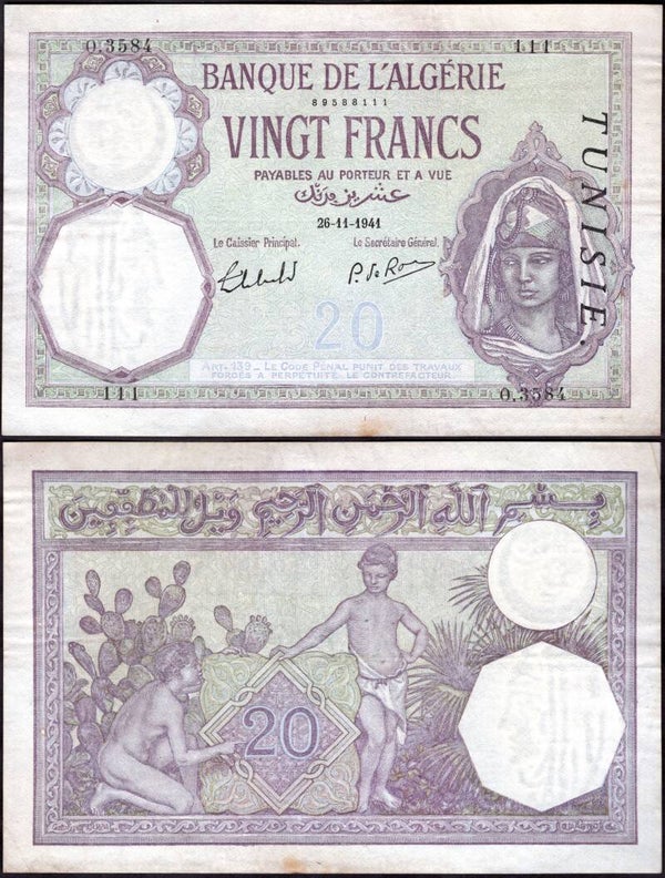 Tunisia. 20 Francs 26-11-1941 Crisp VF.  dy23783