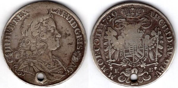 Austria. Charles VI Silver Kreuzer denom 1729. Holed. Dia; C.4cm.   dy23801