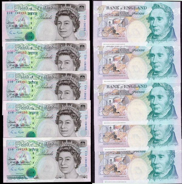G.M.Gill. £5 (1990). Ten Consecutive Notes C10 126253-126244 EF.     dy23918.