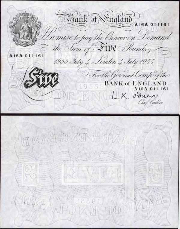 O'Brien. £5 July 4 1955 (BYB BE96a) A16A 011161. Crisp VF.  dy23923
