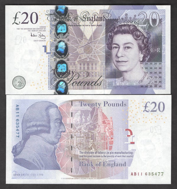 Bank of England. Bailey sig. £20 (2007) (BYB BE224b), series AB11. AU+.