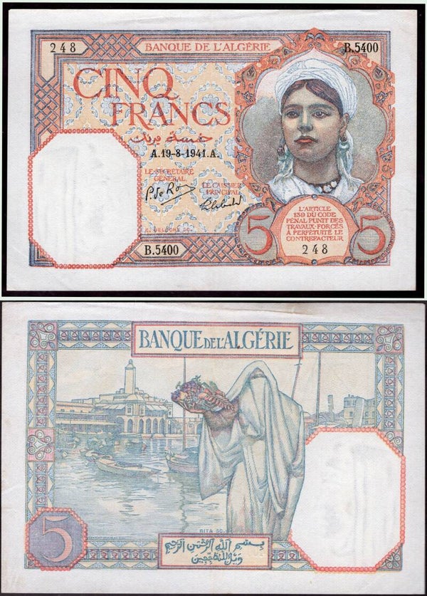 Algeria. Five Francs 19-8-1941 (WPM 77b) NEF.   dy24053