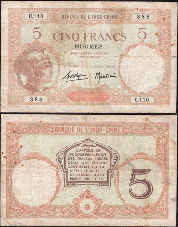 New Caledonia. Five Francs (1930s) (WPM 36b) Crisp Good Fine+.  dy24109