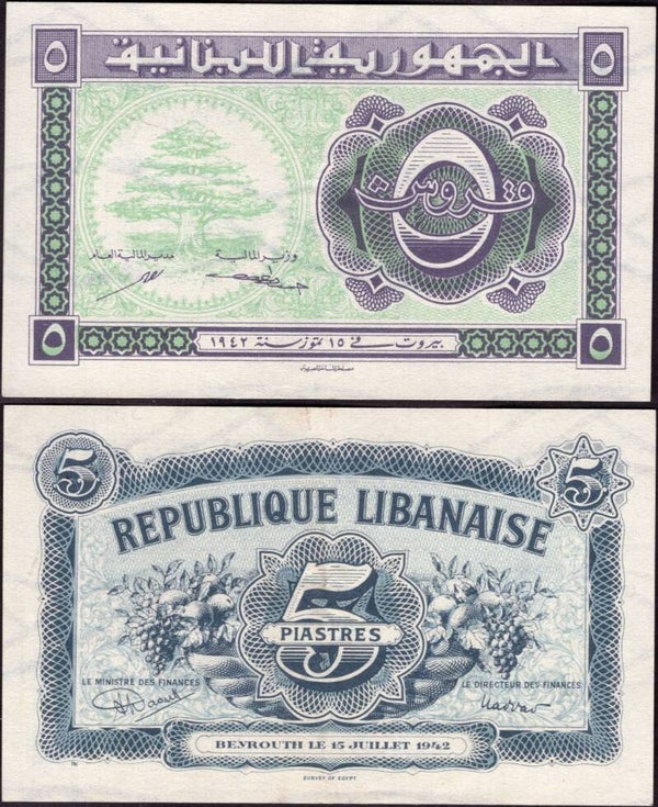 Lebanon. Five Piastres, 1942 (WPM 34) VF-EF.  dy24162