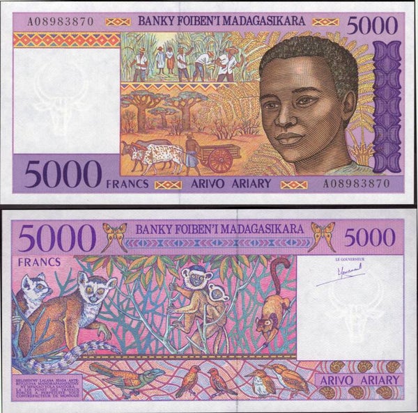 Madagascar. 5,000 Francs (1995) (WPM 78) AU+.  dy24170