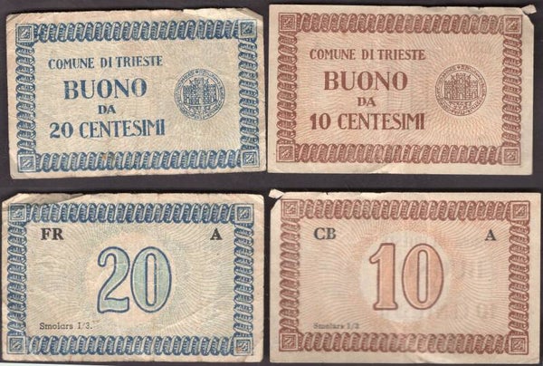 Trieste (1945) 10 & 20 Centesimi emergency money, both Fine £15  dy24224