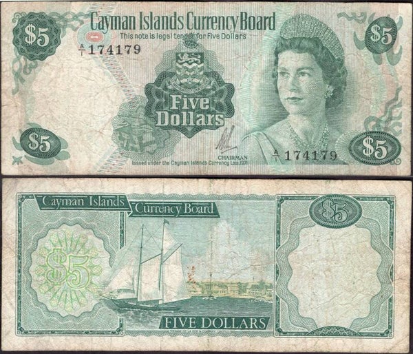 Cayman Islands. Five Dollars 1971 (WPM 2a) A/1 174179 Good.  dy24275