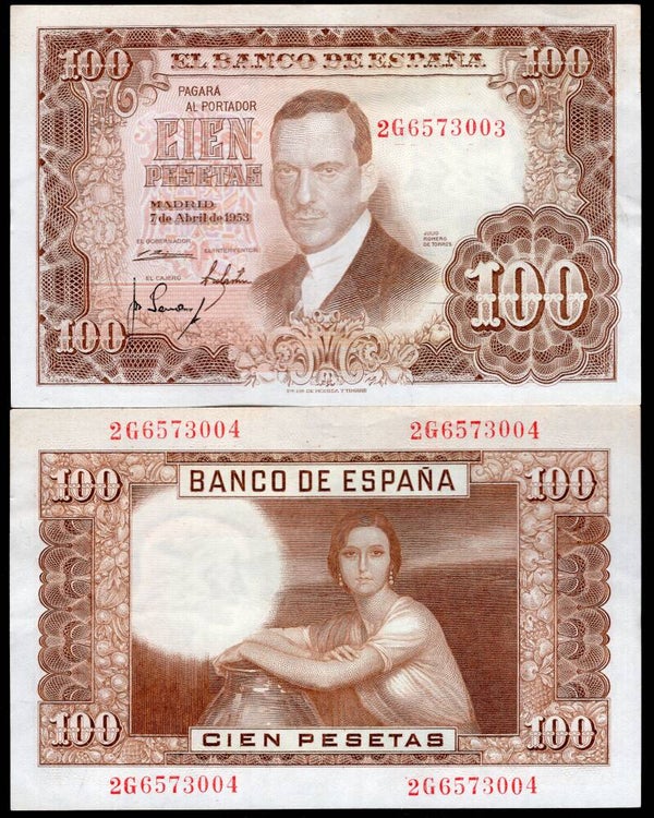 Spain. 100 Pesetas 1953 series 2G GVF.   dy24386