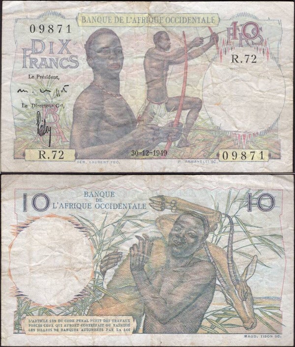 French West Africa. Ten Francs 30-12-1949 (WPM 37) Crisp VG.  dy24408