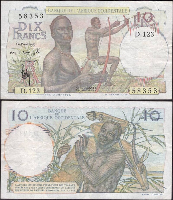 French West Africa. Ten Francs 21-11-1953 (WPM 37) Crisp F-VF.  dy24409