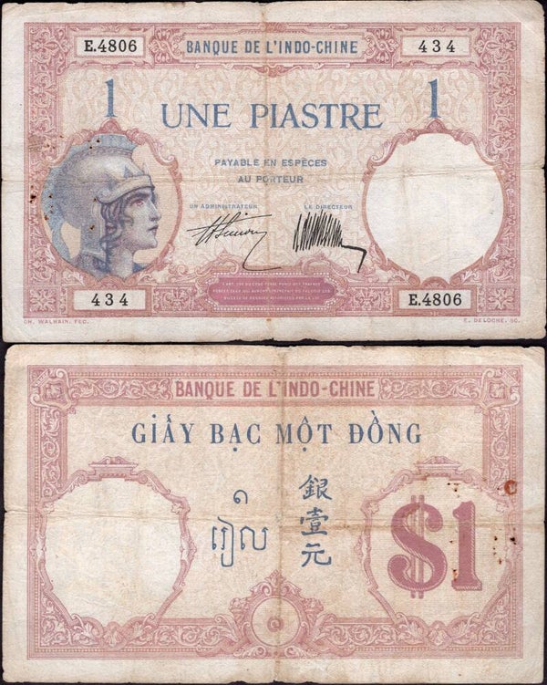 French Indo China. One Piastre (1927-31) (WPM 48b) F-VF.  dy24415