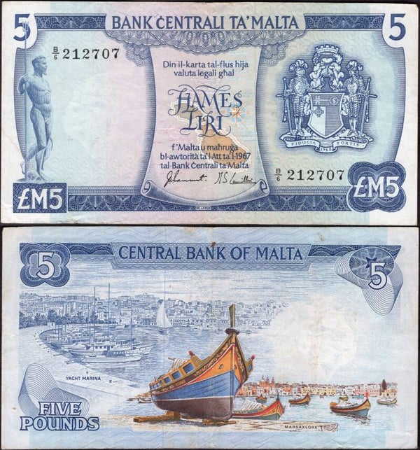 Malta. Five Liri (1973) (WPM 32f) Crisp F-VF.  dy24419