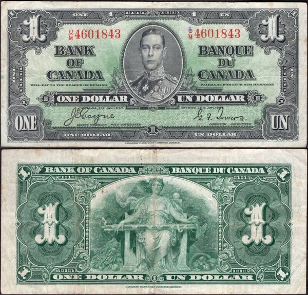 Canada. One Dollar 1937 (WPM 58e) U/M 4601843 Good Fine.  dy24443