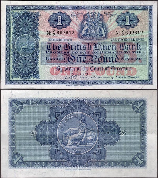 British Linen Bank. One Pound 28-12-1955 (BYB SC205c) Z/2 692612 Crisp VF.