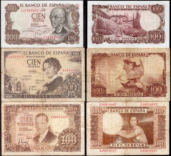 Spain. 3 x 100 Pesetas 1953, 1965 & 1970.  dy24493
