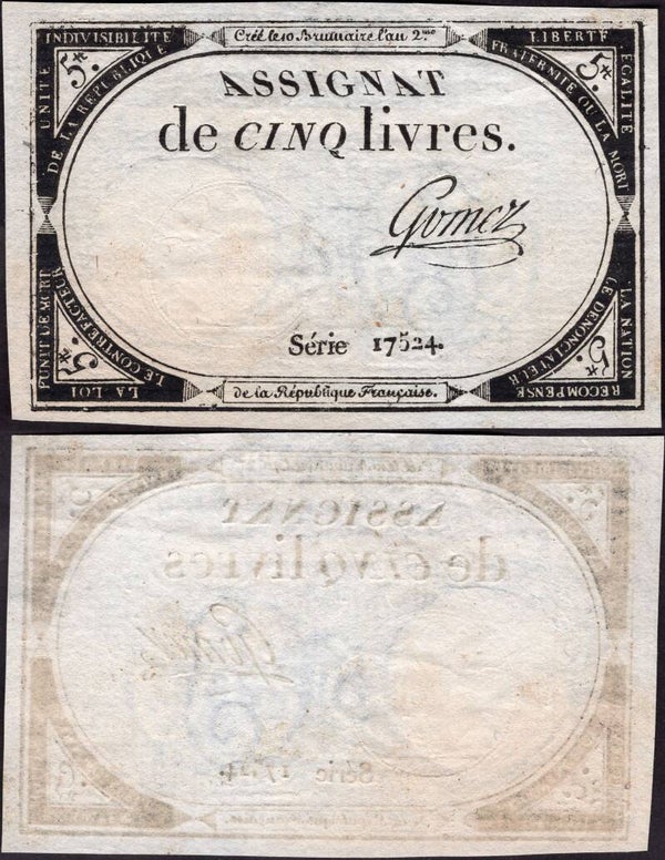 France. Five Francs Gomez sig (1793) EF.  dy24502