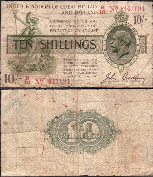 Bradbury. Ten Shillings (1918) (Dugg. T19 BYB; TR6a) "Dot" B16 941194 Fair-Good.