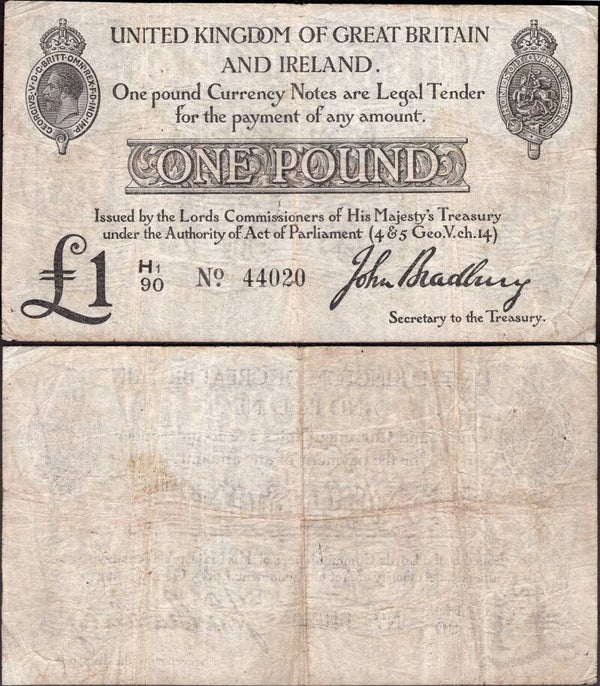 Bradbury. One Pound (1914) (BYB; TR14b) H1/90 44020. Fine.