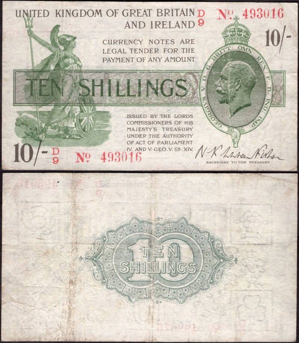 Warren Fisher Ten Shillings (1919) (BYB TR7a). D/9 493016 Crisp F-VF.