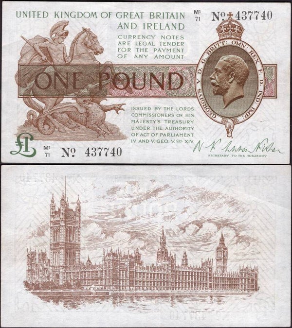 Warren Fisher. One Pound (1923) (BYB; TR18b) M1/71 437740 VF-EF.