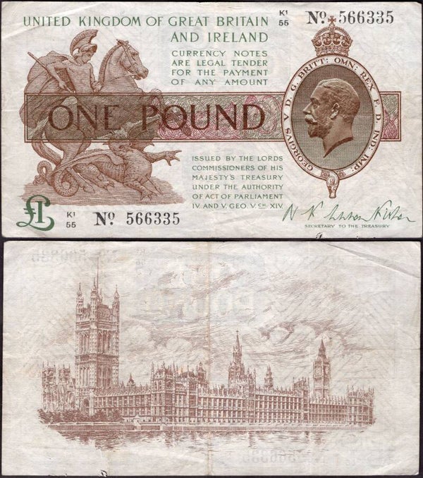 Warren Fisher. One Pound (1923) (BYB; TR18b) K1/55 566335 Crisp GF+.