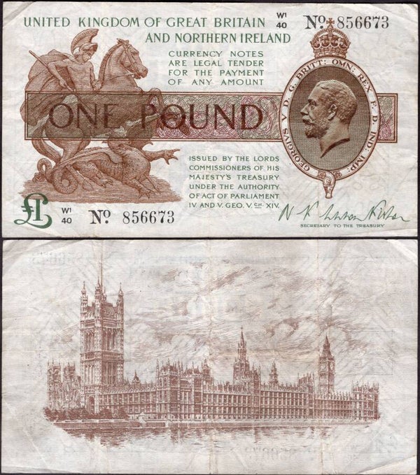Warren Fisher. One Pound (1927) (BYB; TR19b) W1/40 856673 Crisp F-VF.