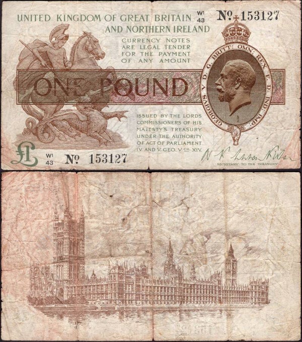 Warren Fisher. One Pound (1927) (BYB; TR19b) W1/43 153127 Crisp Fine.